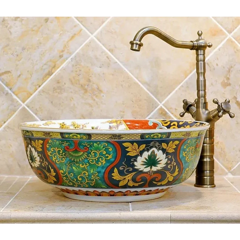Hand-painted Ceramic Vessel Sink with Floral and Oriental Patterns | Luxury Bathrooms