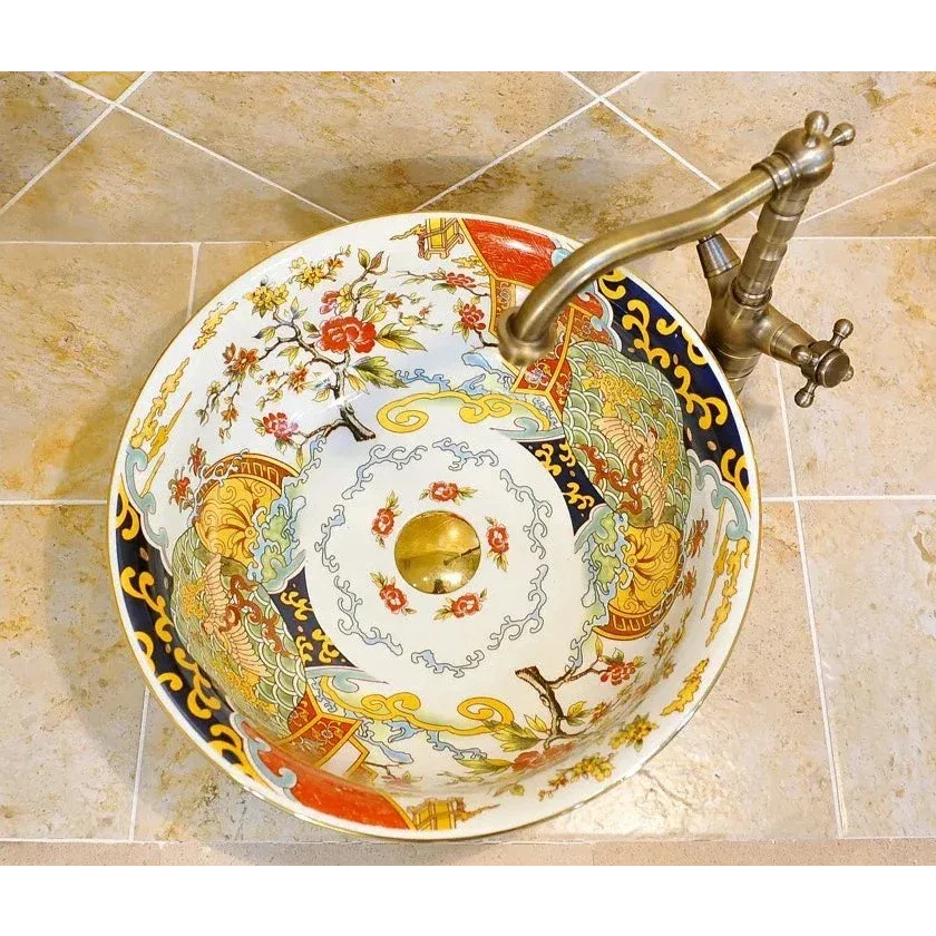 Hand-painted Ceramic Vessel Sink with Floral and Oriental Patterns | Luxury Bathrooms