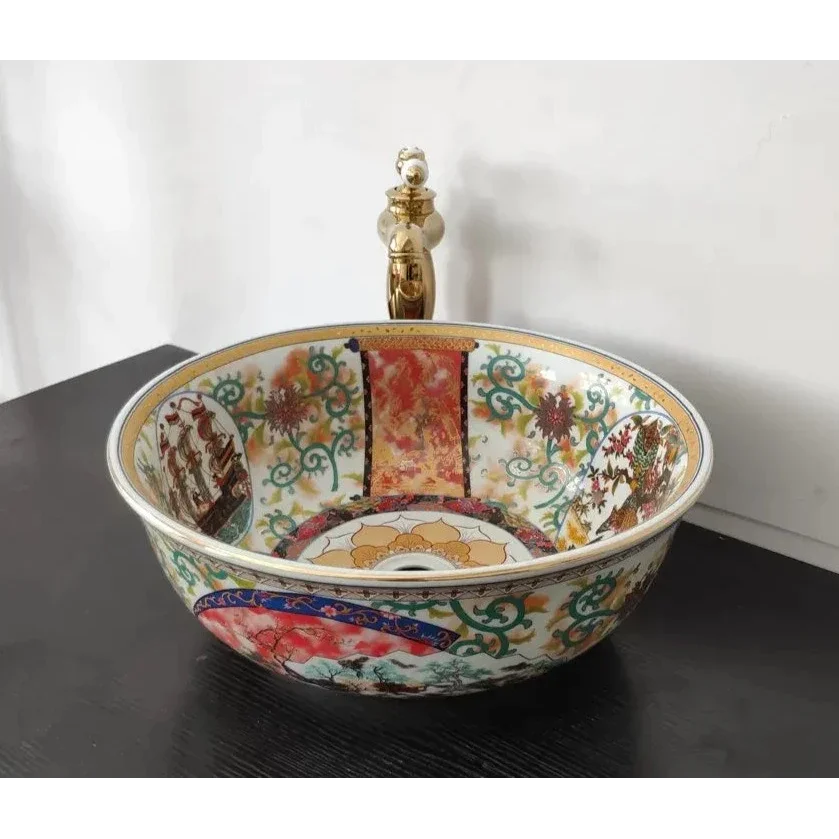 Artisan Hand-painted Ceramic Basin with Ornate Gold Faucet