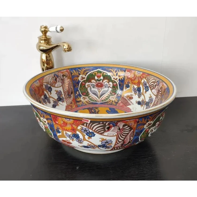 Hand-painted Ceramic Vessel Sink with Ornate Multicolor Design | Luxury Bathrooms