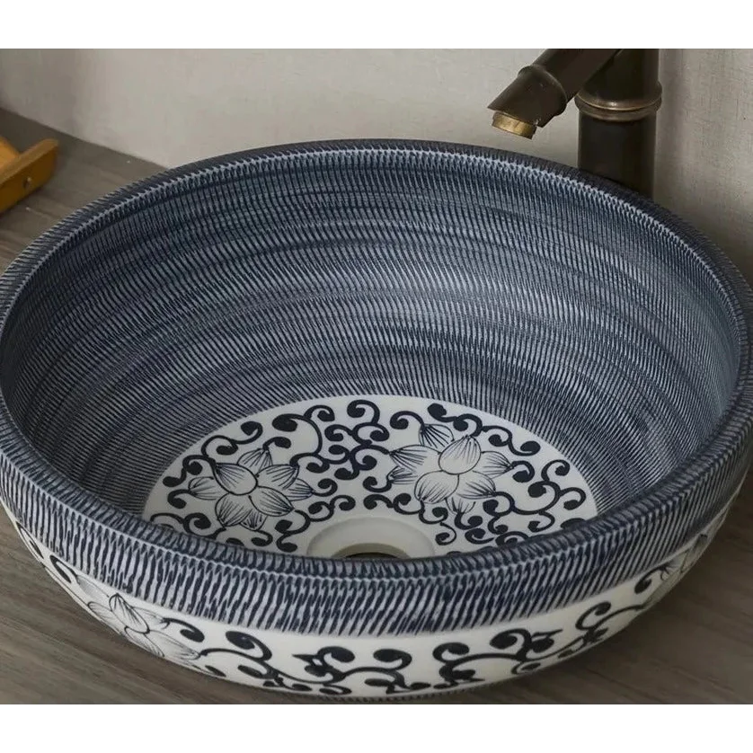 Handcrafted Blue and White Ceramic Vessel Sink with Floral Design | Luxury Bathrooms