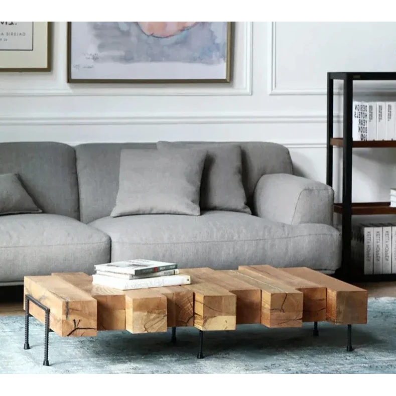 Industrial Rustic Solid Wood Coffee Table – Chunky Block Design with Metal Legs