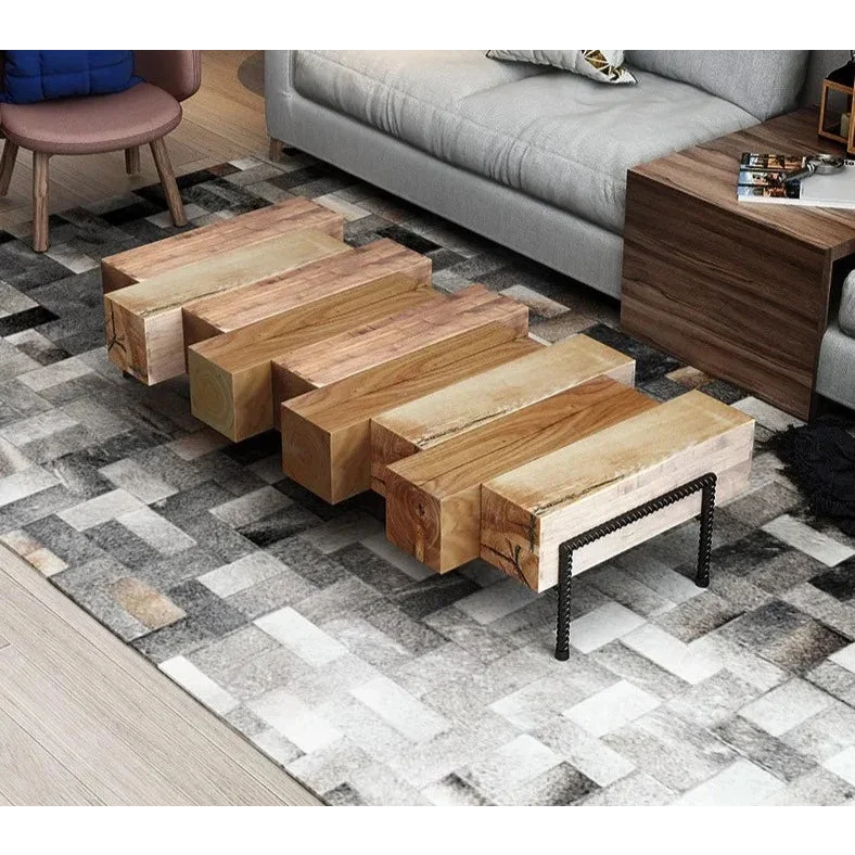 Industrial Rustic Solid Wood Coffee Table – Chunky Block Design with Metal Legs