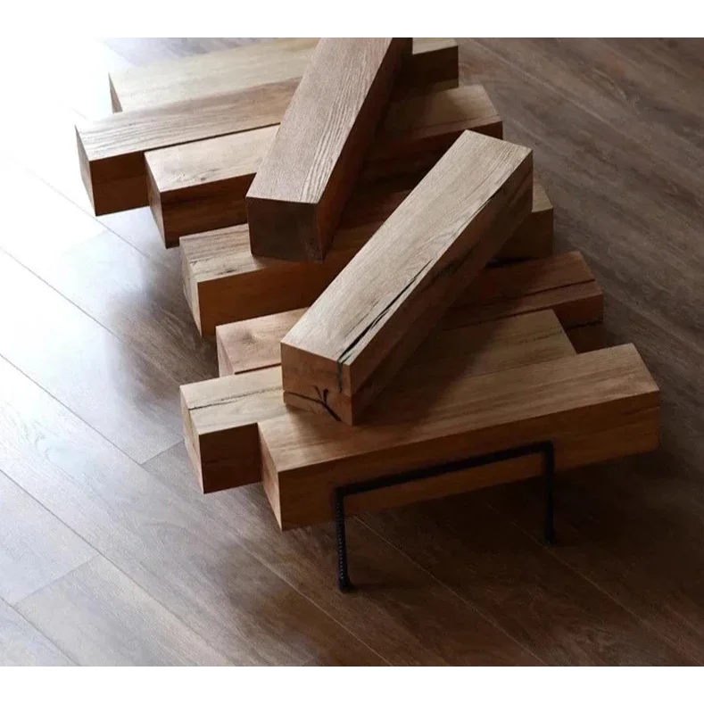 Industrial Rustic Solid Wood Coffee Table – Chunky Block Design with Metal Legs