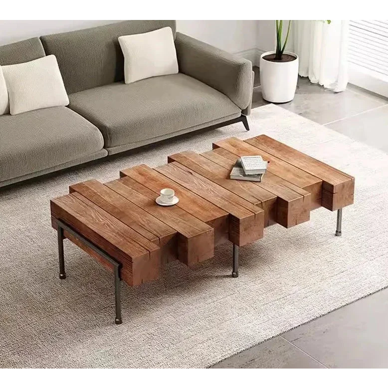 Industrial Rustic Solid Wood Coffee Table – Chunky Block Design with Metal Legs