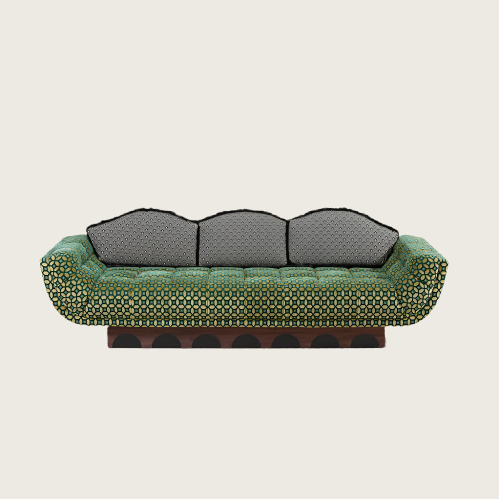 Designer Green Geometric Upholstery Wooden Base Artistic Three-seater Couch | Luxury Interiors