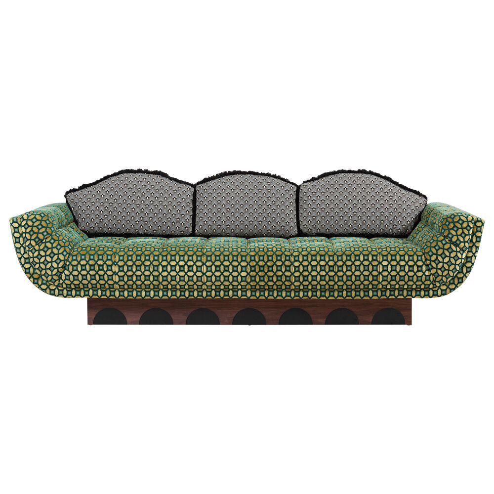 Designer Green Geometric Upholstery Wooden Base Artistic Three-seater Couch | Luxury Interiors