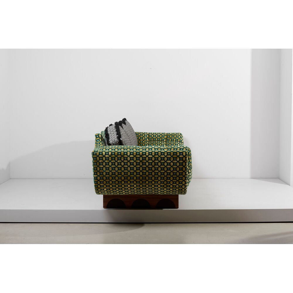 Designer Green Geometric Upholstery Wooden Base Artistic Three-seater Couch | Luxury Interiors