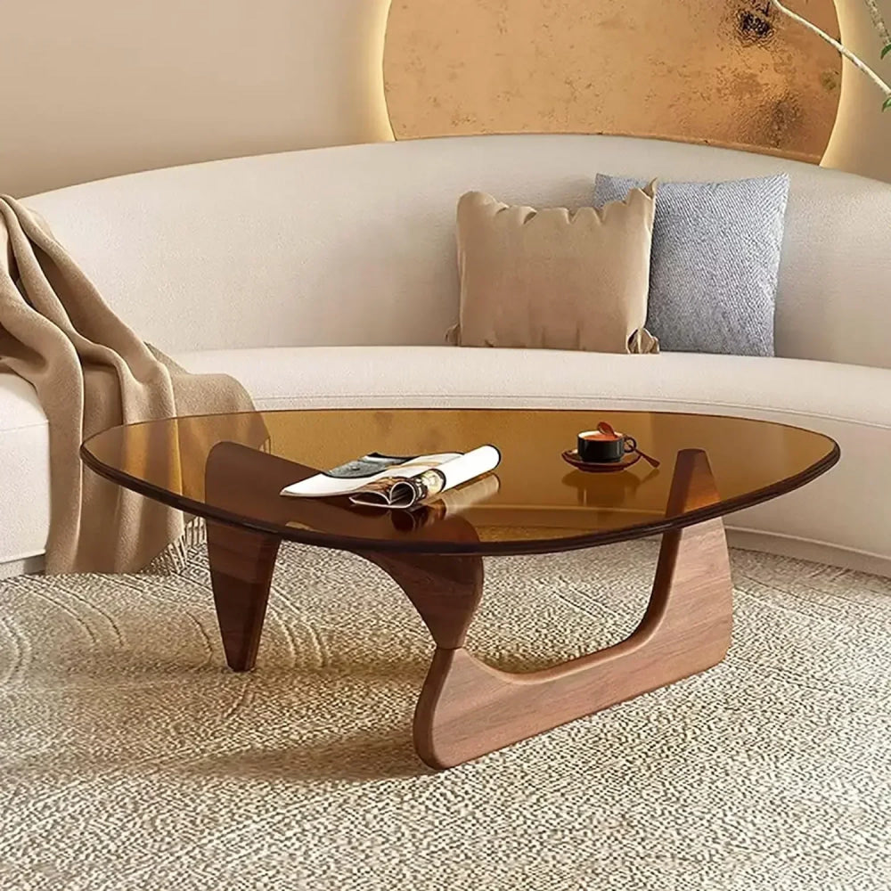 Noguchi Inspired Oval Glass Coffee Table – Elegant Japandi Wood Base for Modern Living Rooms