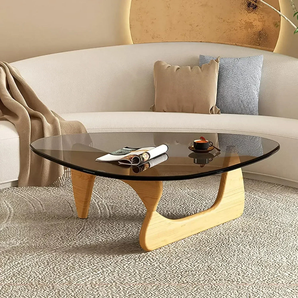 Noguchi Inspired Oval Glass Coffee Table – Elegant Japandi Wood Base for Modern Living Rooms