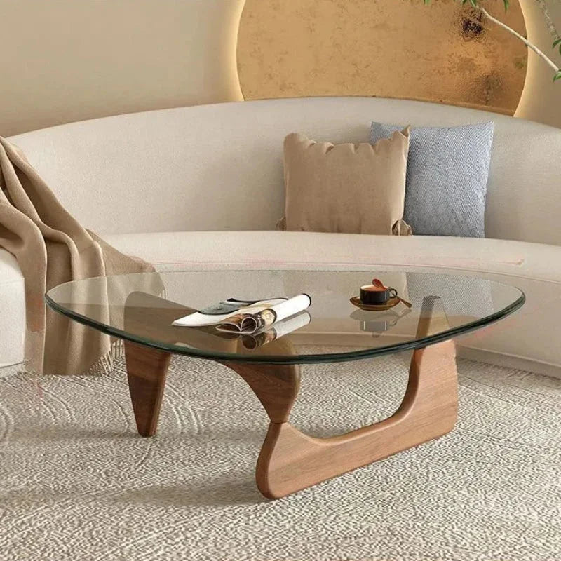 Noguchi Inspired Oval Glass Coffee Table – Elegant Japandi Wood Base for Modern Living Rooms