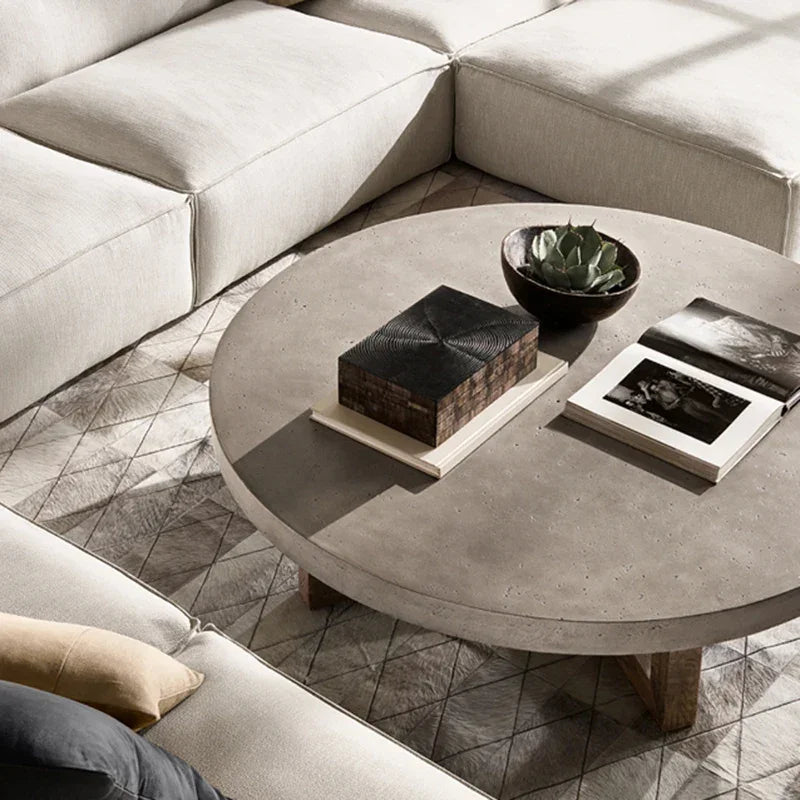 Japandi Round Coffee Table – Concrete Top with Rustic Pine Wood Cross Base 120cm Diameter