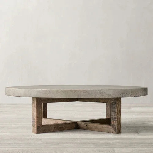 Japandi Round Coffee Table – Concrete Top with Rustic Pine Wood Cross Base 120cm Diameter