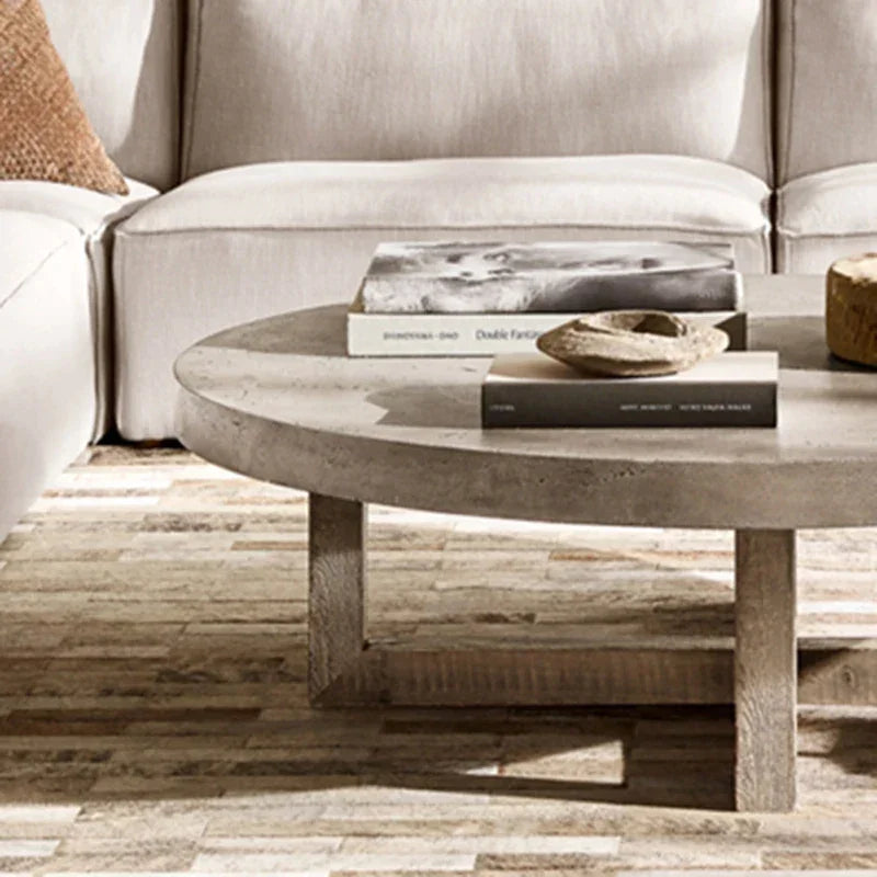 Japandi Round Coffee Table – Concrete Top with Rustic Pine Wood Cross Base 120cm Diameter