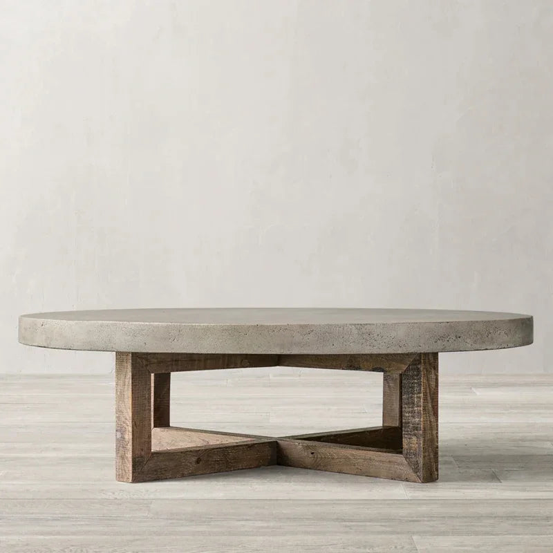 Japandi Round Coffee Table – Concrete Top with Rustic Pine Wood Cross Base 120cm Diameter