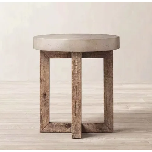 Japandi Round End Table – Pine Wood Base with Smooth Concrete Top 45cm Diameter