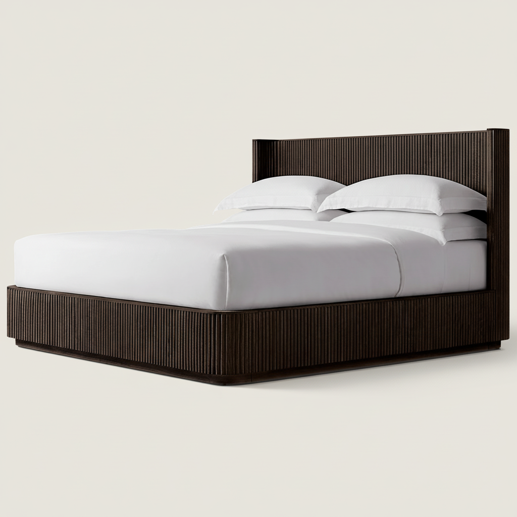Fluted Oak Platform Bed | HLMPrhy58 - Double / Dark Walnut - Beds