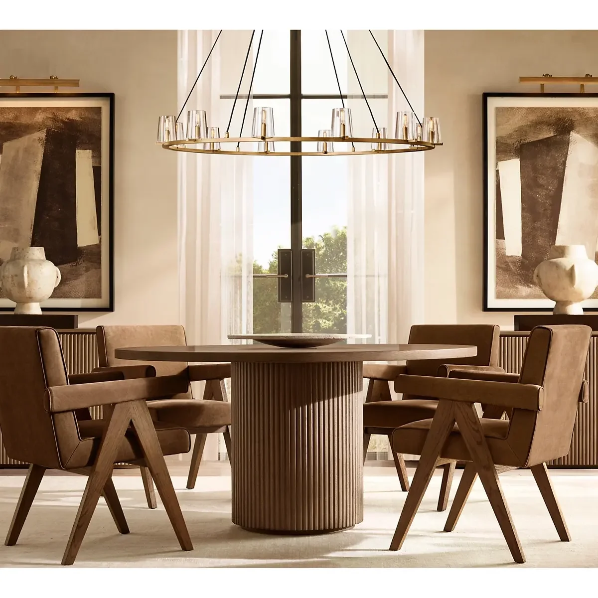 Luxury Fluted Round Wood Dining Table - Japandi Minimalist Design