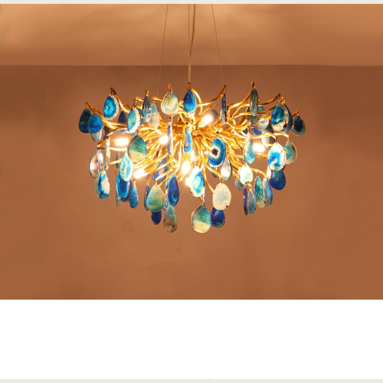 Luxury Gold Chandelier with Natural Blue Agate Accents | Ceiling Light Fixtures