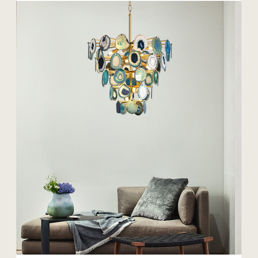 Luxury Gold Chandelier with Natural Blue Agate Accents | Ceiling Light Fixtures