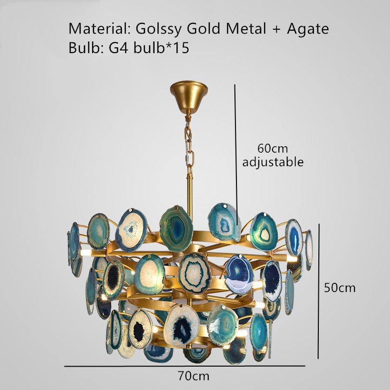 Luxury Gold Chandelier with Natural Blue Agate Accents | Ceiling Light Fixtures