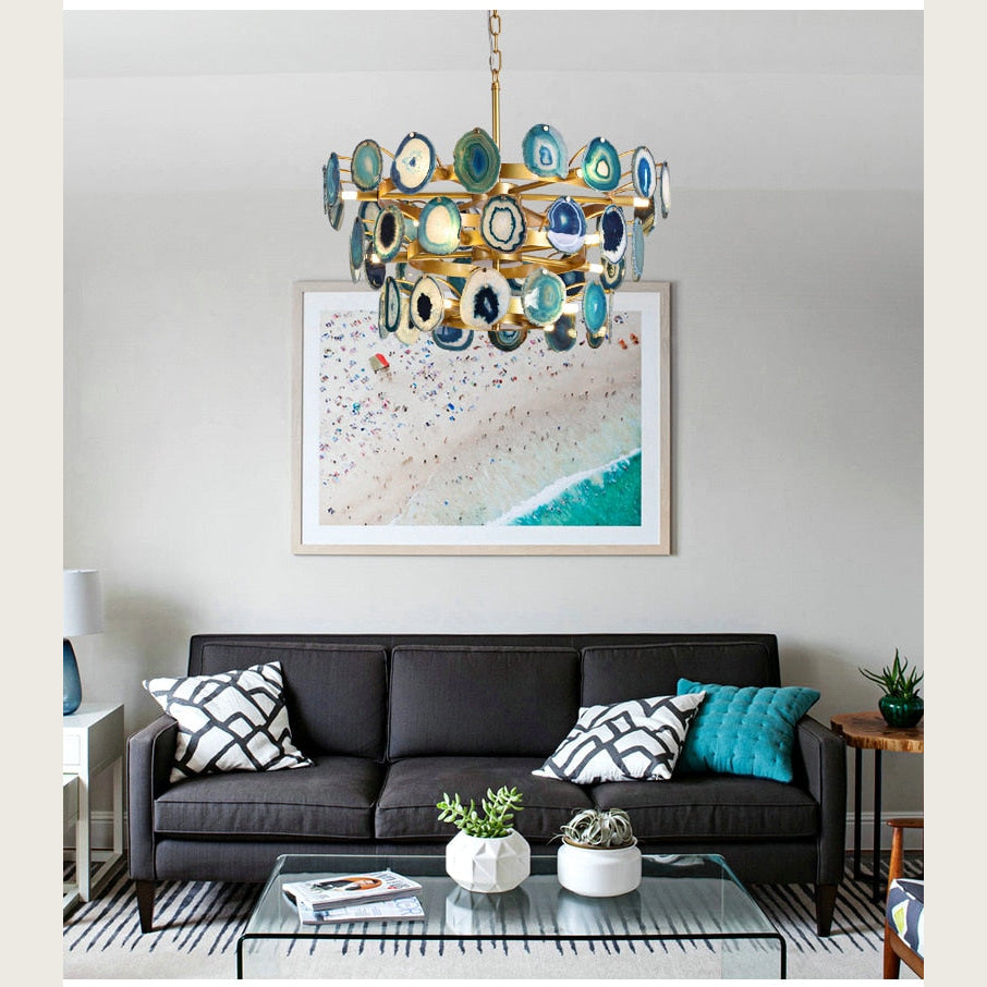 Luxury Gold Chandelier with Natural Blue Agate Accents | Ceiling Light Fixtures