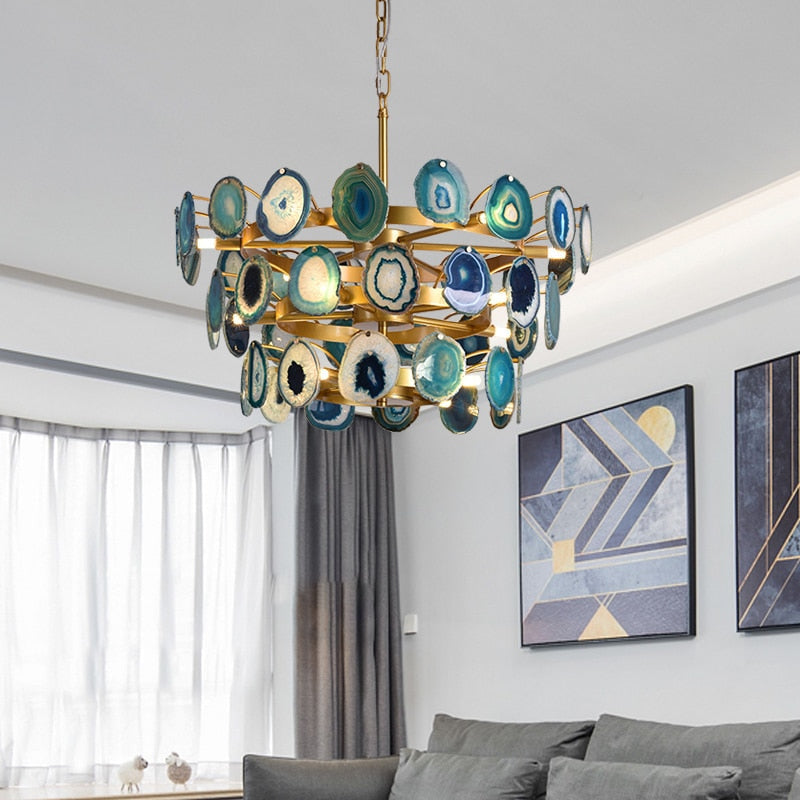Luxury Gold Chandelier with Natural Blue Agate Accents | Ceiling Light Fixtures