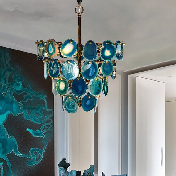 Luxury Gold Chandelier with Natural Blue Agate Accents | Ceiling Light Fixtures