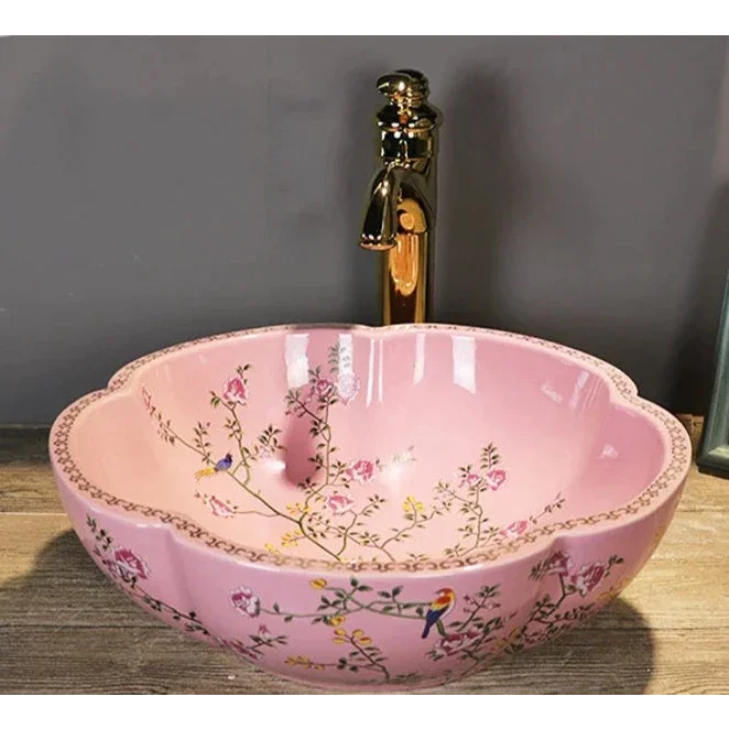 Luxury Pink Floral Ceramic Bathroom Sink – Handcrafted Elegance for Stylish Vanities