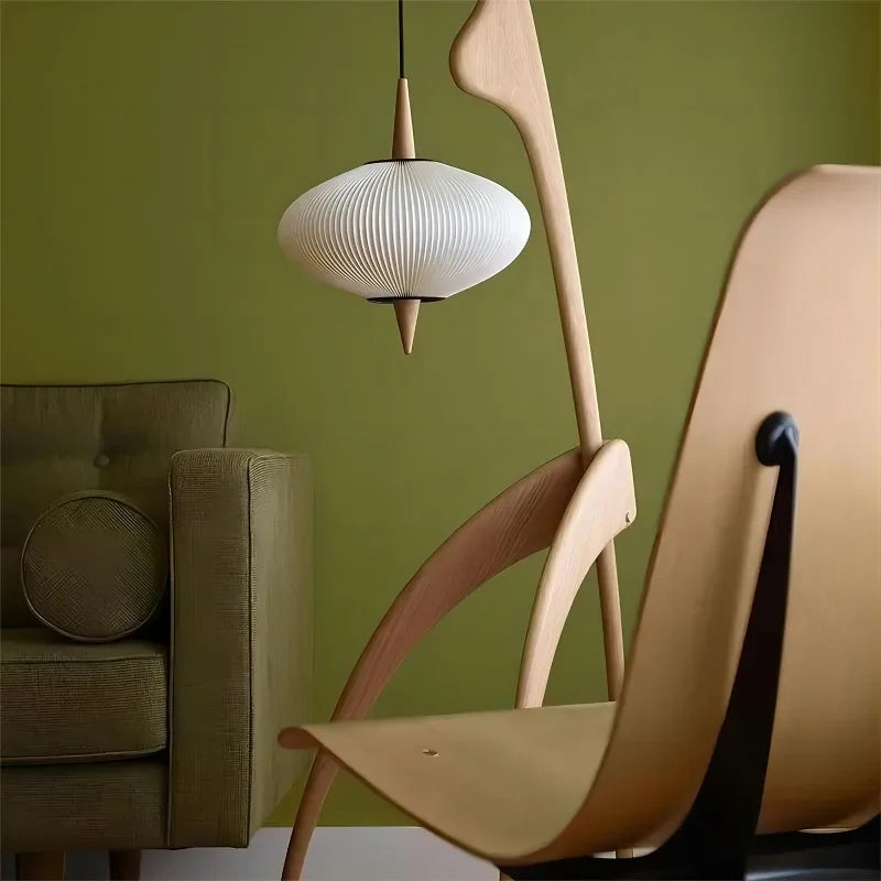 Mantis-style Wooden Floor Lamp with Japandi Minimalist Design – Walnut Finish and Soft Globe Pendant Light for Living Rooms