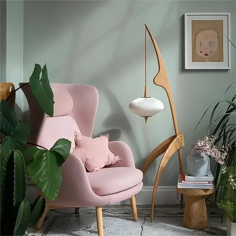 Mantis-style Wooden Floor Lamp with Japandi Minimalist Design – Walnut Finish and Soft Globe Pendant Light for Living Rooms