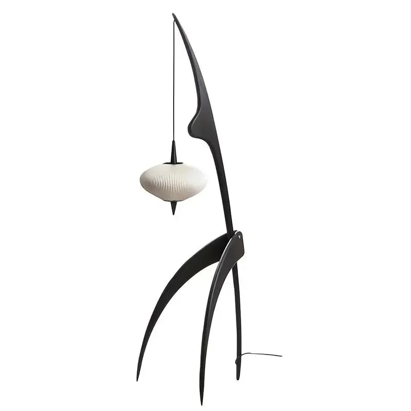 Mantis-style Wooden Floor Lamp with Japandi Minimalist Design – Walnut Finish and Soft Globe Pendant Light for Living Rooms