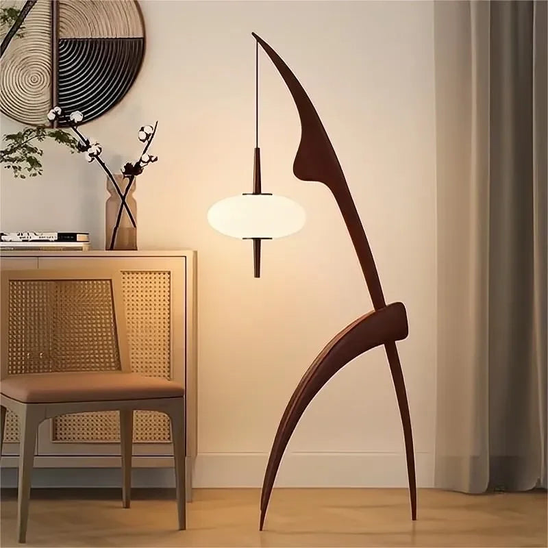 Mantis-style Wooden Floor Lamp with Japandi Minimalist Design – Walnut Finish and Soft Globe Pendant Light for Living Rooms