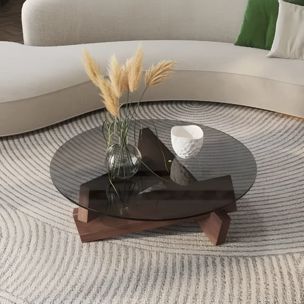 Mid-century Glass Coffee Table with Solid Wood Base | Japandi Interiors