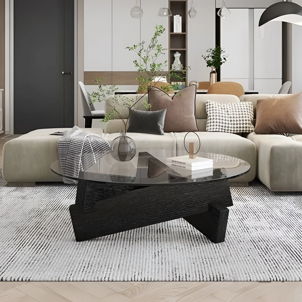 Mid-century Glass Coffee Table with Solid Wood Base | Japandi Interiors