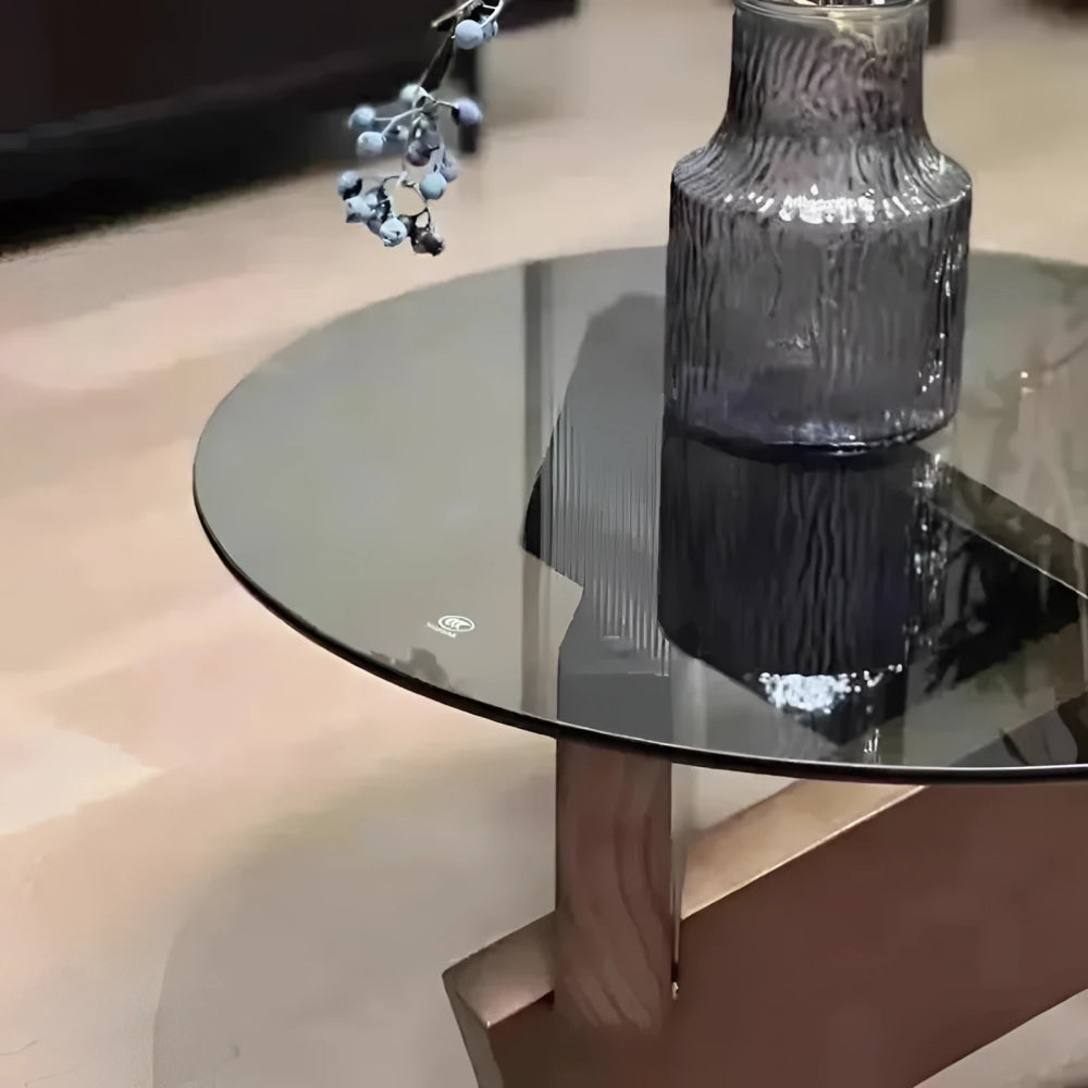 Mid-century Glass Coffee Table with Solid Wood Base | Japandi Interiors