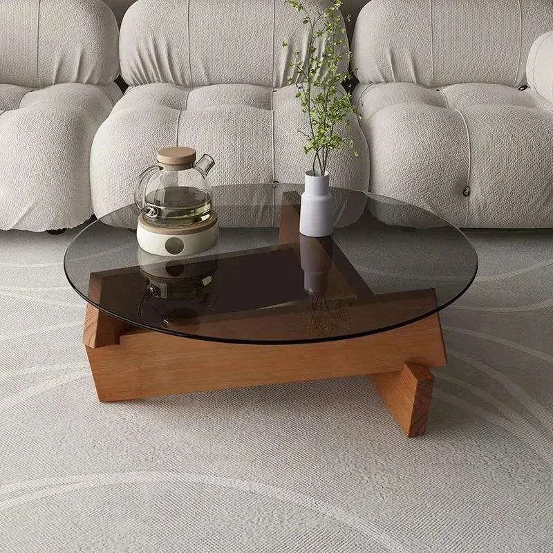 Mid-century Glass Coffee Table with Solid Wood Base | Japandi Interiors