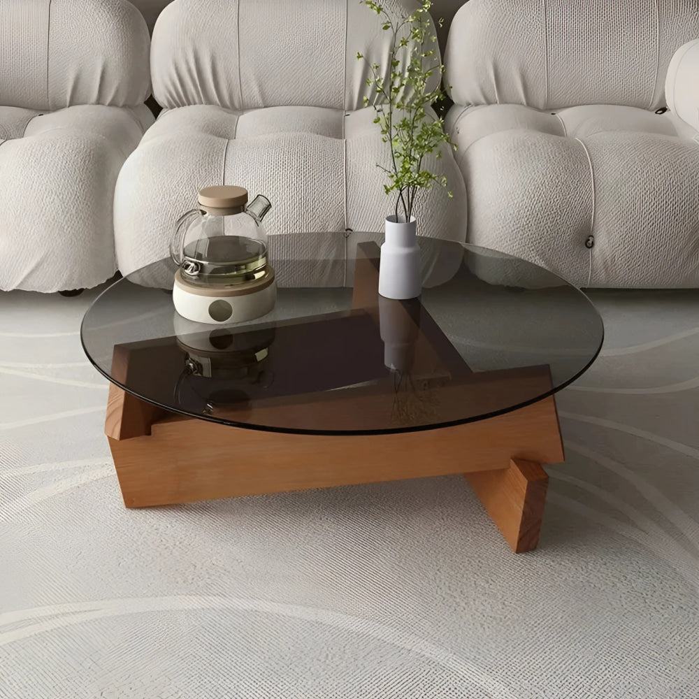Mid-century Glass Coffee Table with Solid Wood Base | Japandi Interiors