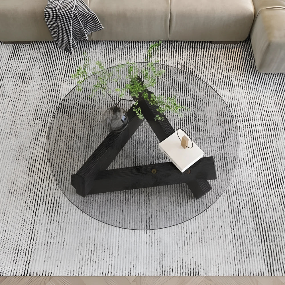 Mid-century Glass Coffee Table with Solid Wood Base | Japandi Interiors