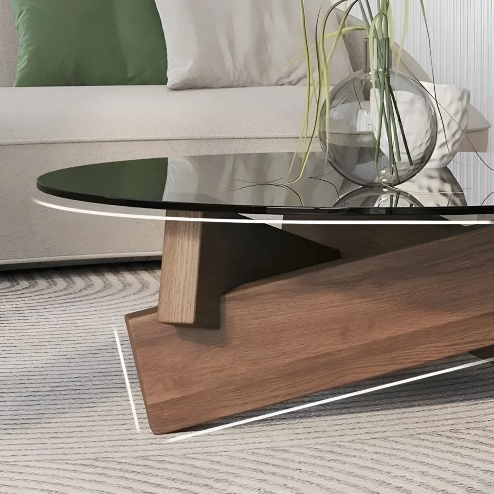 Mid-century Glass Coffee Table with Solid Wood Base | Japandi Interiors
