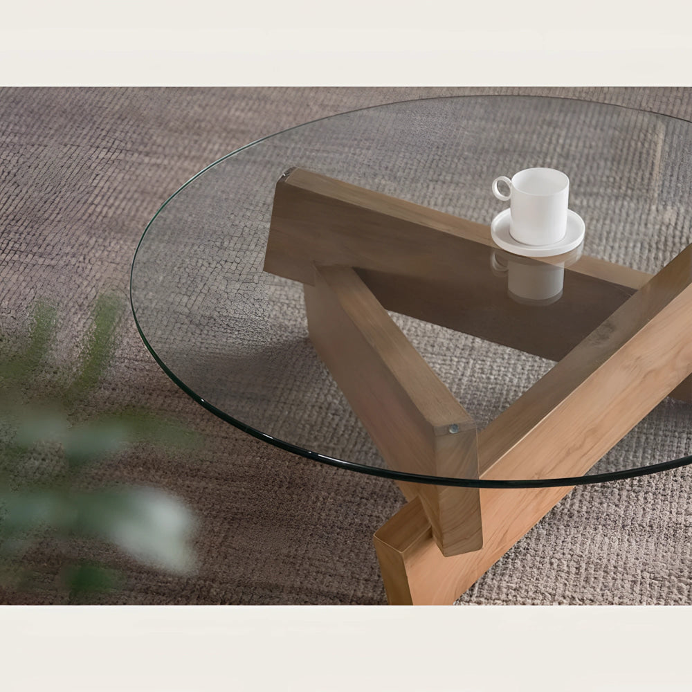 Mid-century Glass Coffee Table with Solid Wood Base | Japandi Interiors