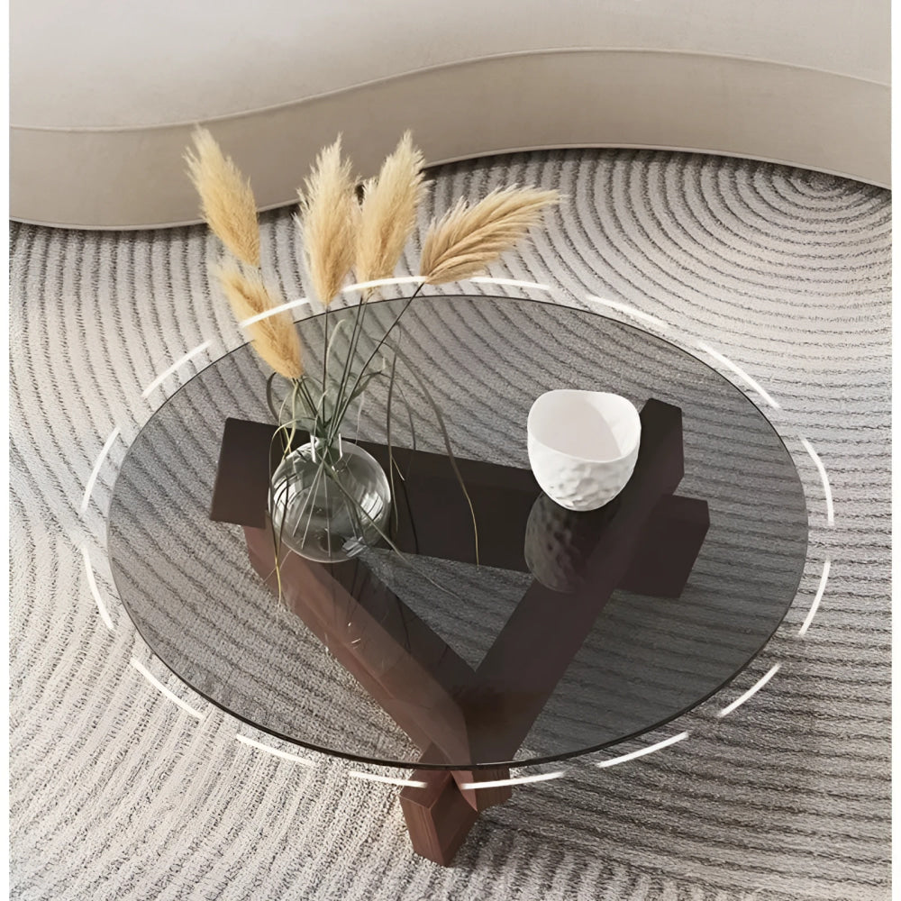 Mid-century Glass Coffee Table with Solid Wood Base | Japandi Interiors