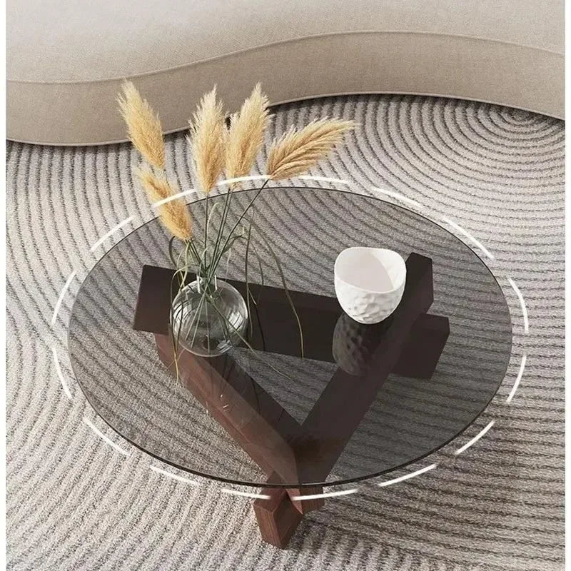Mid-century Glass Coffee Table with Solid Wood Base | Japandi Interiors