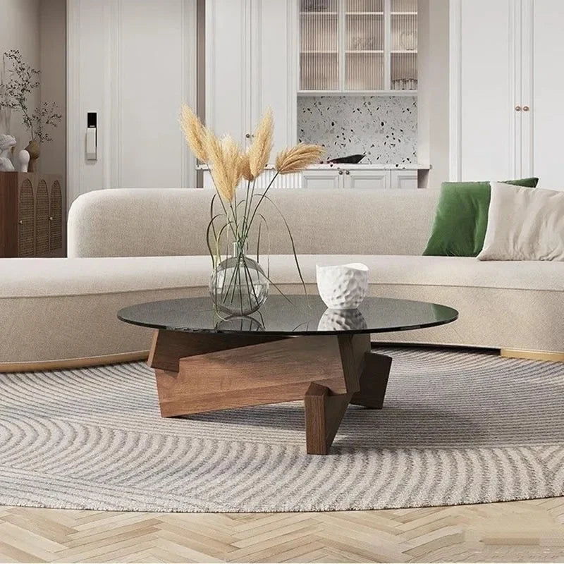 Mid-century Glass Coffee Table with Solid Wood Base | Japandi Interiors