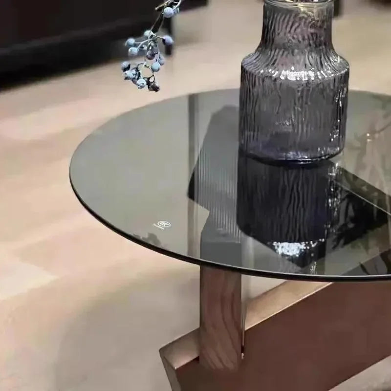 Mid-century Glass Coffee Table with Solid Wood Base | Japandi Interiors