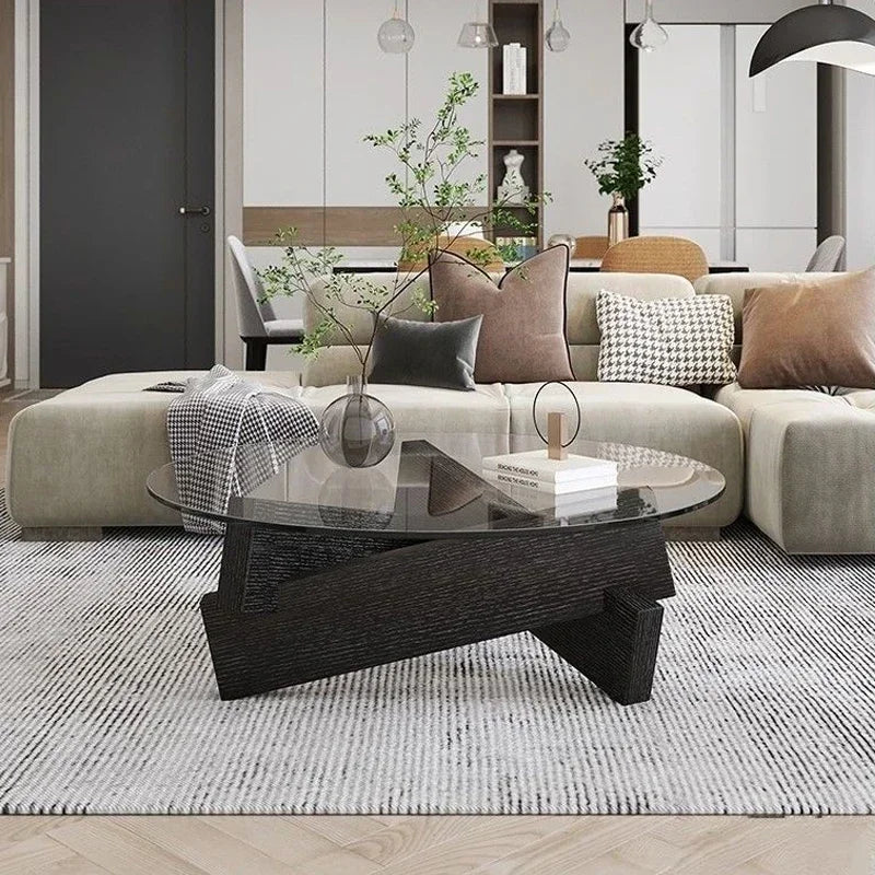 Mid-century Glass Coffee Table with Solid Wood Base | Japandi Interiors