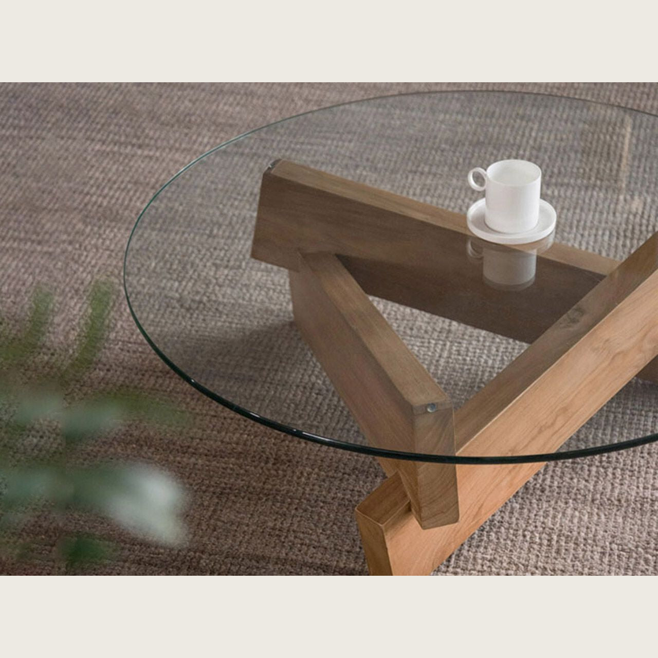 Mid-century Glass Coffee Table with Solid Wood Base | Japandi Interiors