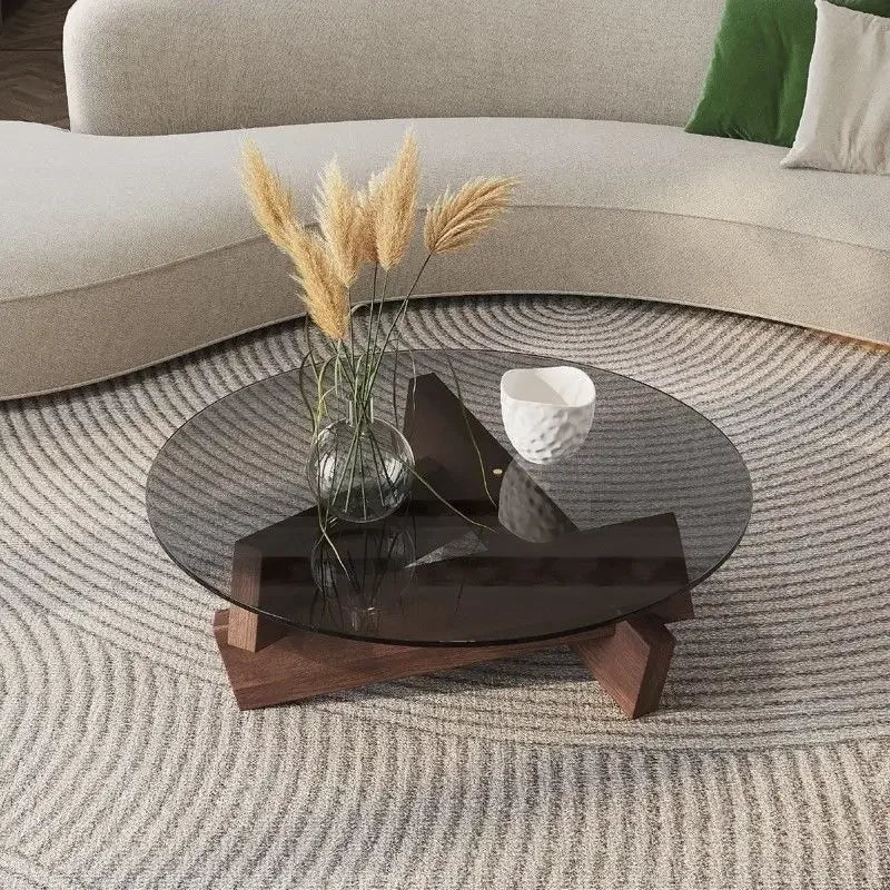 Mid-century Glass Coffee Table with Solid Wood Base | Japandi Interiors