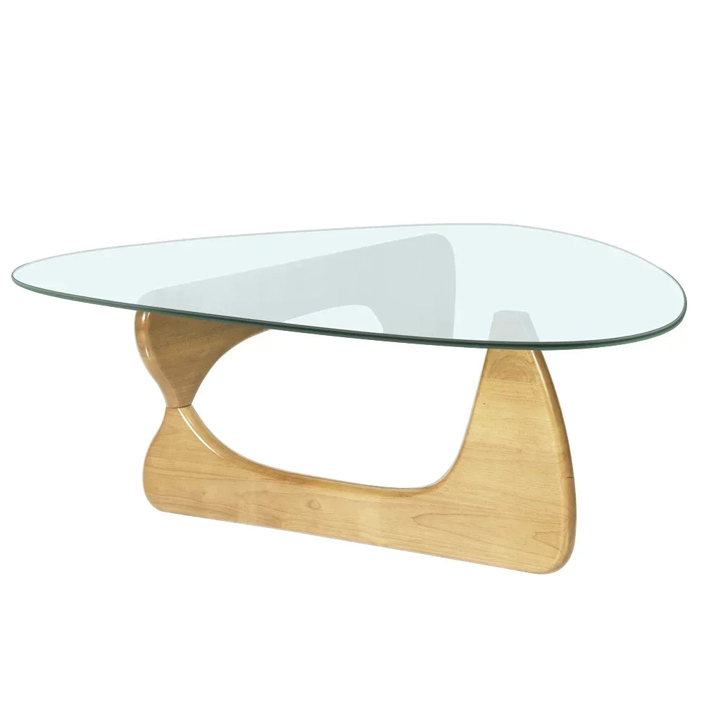 Mid-century Modern Glass Coffee Table with Solid Wood Base – Minimalist Design for Living Rooms