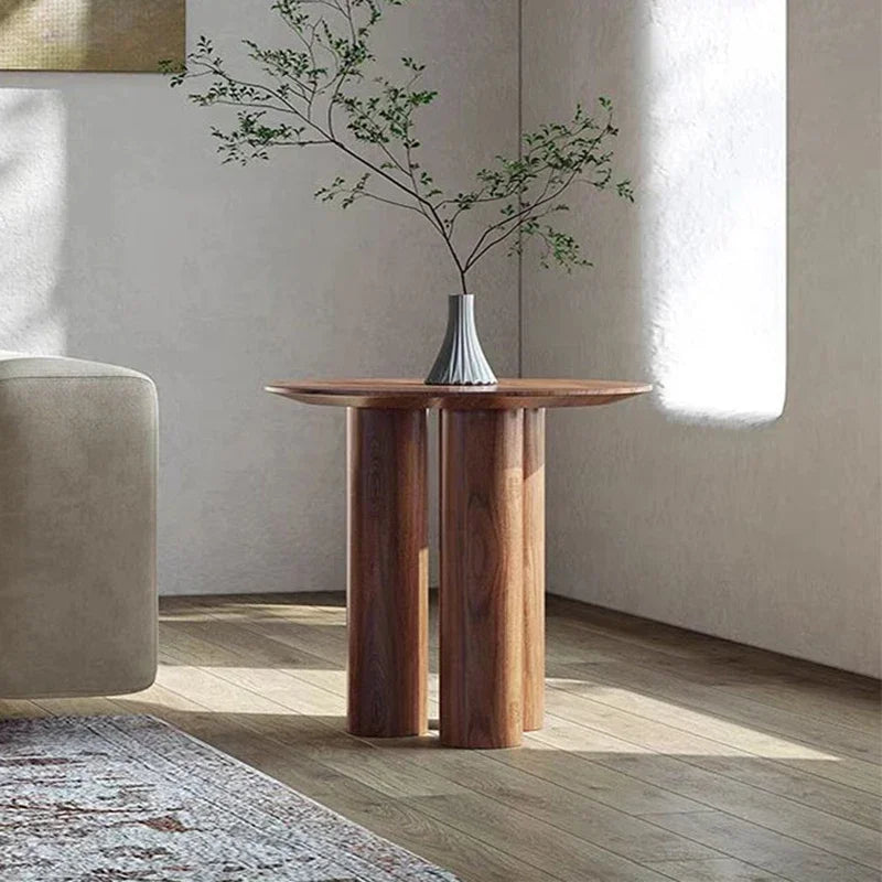 Minimalist Walnut Round Side Table with Cylindrical Column Base